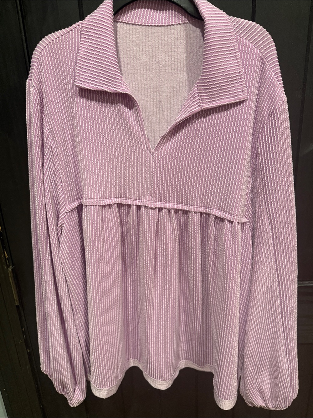 Lavender babydoll style Ribbed V-Neck Peplum Long-Sleeve Top